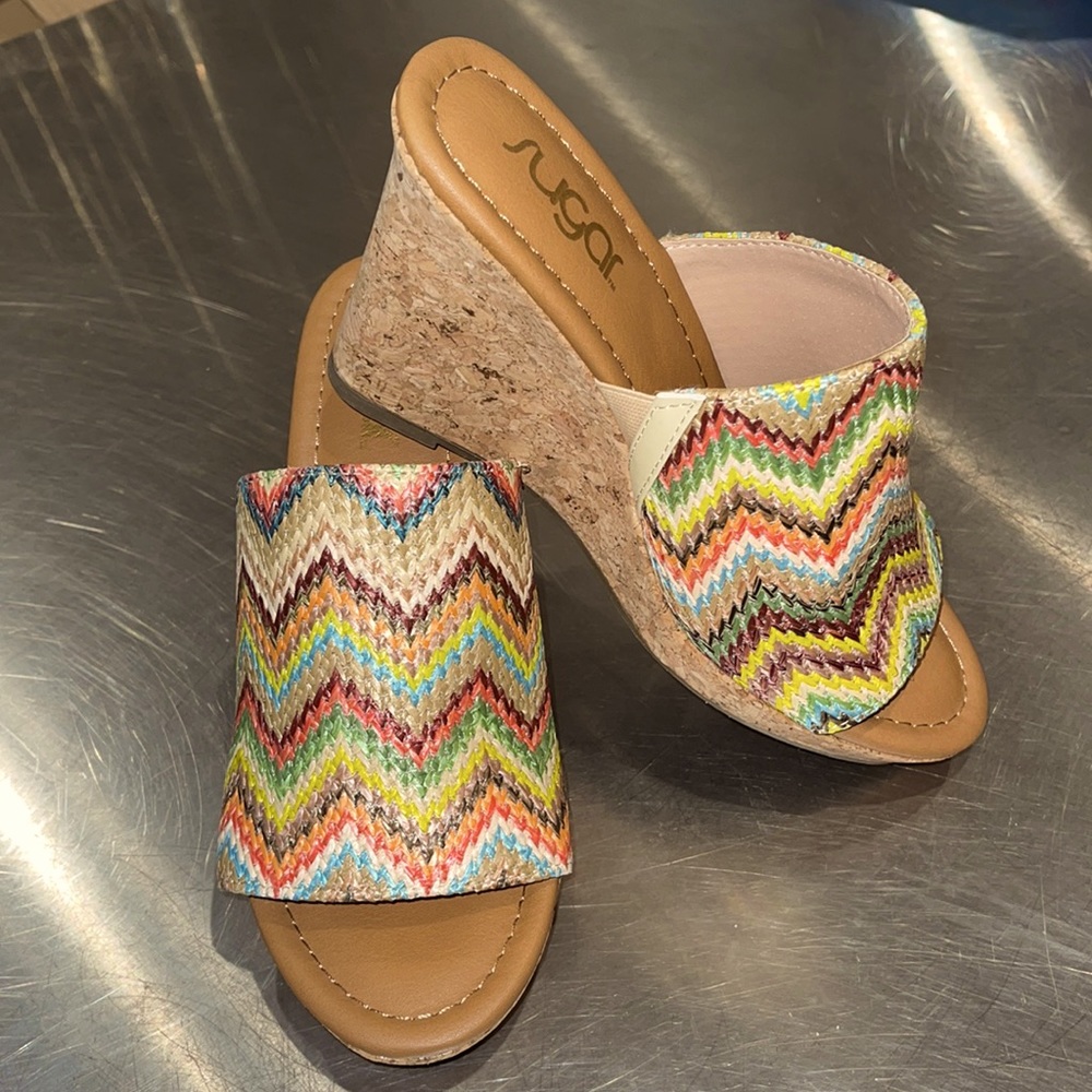 Multi colored summer wedge shoe.
